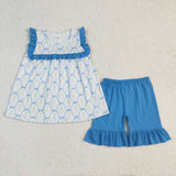 GSSO2004 girls floral sleeveless leaf bow blue shorts outfits