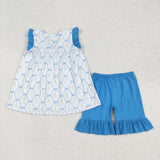 GSSO2004 girls floral sleeveless leaf bow blue shorts outfits