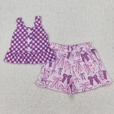 GSSO2035 girls purple checkered bow shorts outfits
