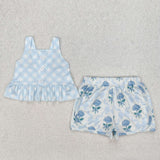 GSSO2078  girls blue  floral shorts orange outfits