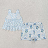 GSSO2078  girls blue  floral shorts orange outfits