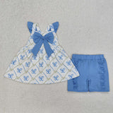 GSSO2109 girls flying sleeve bow blue shorts outfits