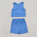 GSSO2132 baby girls blue sleeveless shorts outfits Yoga