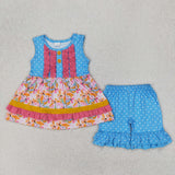 GSSO2199 baby girls sleeveless pink green floral shorts outfits