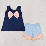 GSSO2272 baby girls navy sleeve bow blue shorts outfits