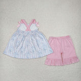 GSSO2429 baby girls blue flower bow pink shorts outfits