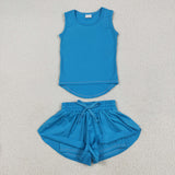 GSSO2504 yoga baby girls blue sleeveless shorts outfits
