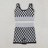 GSSO2703  Women's Checker Bra & Biker Short Set - Stretchy Fabric, Trendy Design