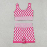 GSSO2704  Women's Checker Bra & Biker Short Set - Stretchy Fabric, Trendy Design