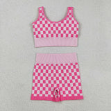 GSSO2704  Women's Checker Bra & Biker Short Set - Stretchy Fabric, Trendy Design