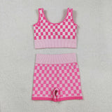 GSSO2704  Women's Checker Bra & Biker Short Set - Stretchy Fabric, Trendy Design