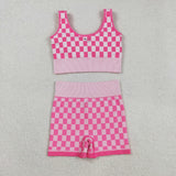GSSO2704  Women's Checker Bra & Biker Short Set - Stretchy Fabric, Trendy Design
