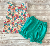 1.14 Pre-order GSSO3194 girls flower  sleeveless green shorts outfits