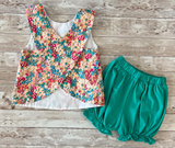 1.14 Pre-order GSSO3194 girls flower  sleeveless green shorts outfits