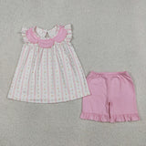 GSSO3363 girls flower stripe pink shorts outfits