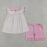GSSO3363 girls flower stripe pink shorts outfits