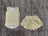 Pre-order GSSO3475 girls yellow checkered sleeveless shorts outfits yoga