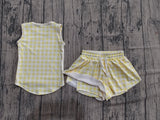 Pre-order GSSO3475 girls yellow checkered sleeveless shorts outfits yoga