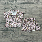 Pre-order GSSO3669 girls duck camo bow scalloped shorts zipper outfits