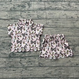 Pre-order GSSO3669 girls duck camo bow scalloped shorts zipper outfits