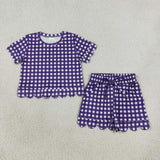 RTS GSSO3841 kids girl clothes scalloped purple plaid shorts outfit summer clothes
