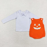 LR1704 Halloween embroidery  orange plaid top+ romper outfits