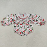 LR2276 baby girls MERRY Christmas green red bow romper smocked