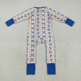 LR2327 baby girls long sleeve blue flower bow red wave zipper romper