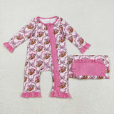LR2361 baby girls rugby bow checkered floral zipper romper