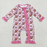 LR2361 baby girls rugby bow checkered floral zipper romper