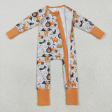USA LR2444 baby boys Halloween cow pumpkin orange zipper romper