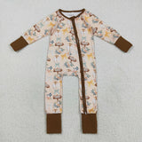 LR2462 baby Halloween pumpkin bow zipper green brown romper