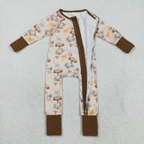 LR2462 baby Halloween pumpkin bow zipper green brown romper