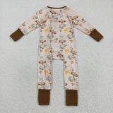 LR2462 baby Halloween pumpkin bow zipper green brown romper