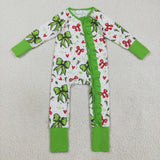 LR2482 baby girls Christmas red green bow zipper floral romper