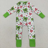 LR2482 baby girls Christmas red green bow zipper floral romper