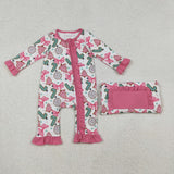 LR2486 baby girls Christmas tree bow zipper pink floral romper