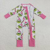 LR2495 baby girls Christmas DRAMATIC pink green floral zipper romper