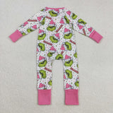 LR2495 baby girls Christmas DRAMATIC pink green floral zipper romper