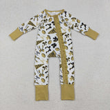 LR2515 baby girls Cheer bow yellow green floral zipper romper