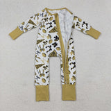 LR2515 baby girls Cheer bow yellow green floral zipper romper