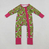 LR2520 baby girls green cartoon rose floral zipper romper