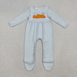 LR2560  baby girls pumpkin blue embroidered checkered  romper
