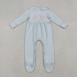 LR2560  baby girls pumpkin blue embroidered checkered  romper