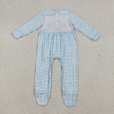 LR2561 baby girls pumpkin embroidered turkey blue checkered  romper