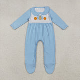 LR2562 baby boys embroidered pumpkin turkey blue romper