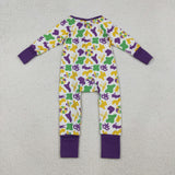 LR2637 baby girls Mardi Gras zip purple romper