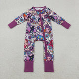 LR2732 baby girls cartoon purple long sleeve zipper romper