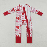 LR2780 baby girls pink red bow zipper long sleeves romper