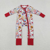 LR2852 baby girls rainbow long sleeves zipper red romper